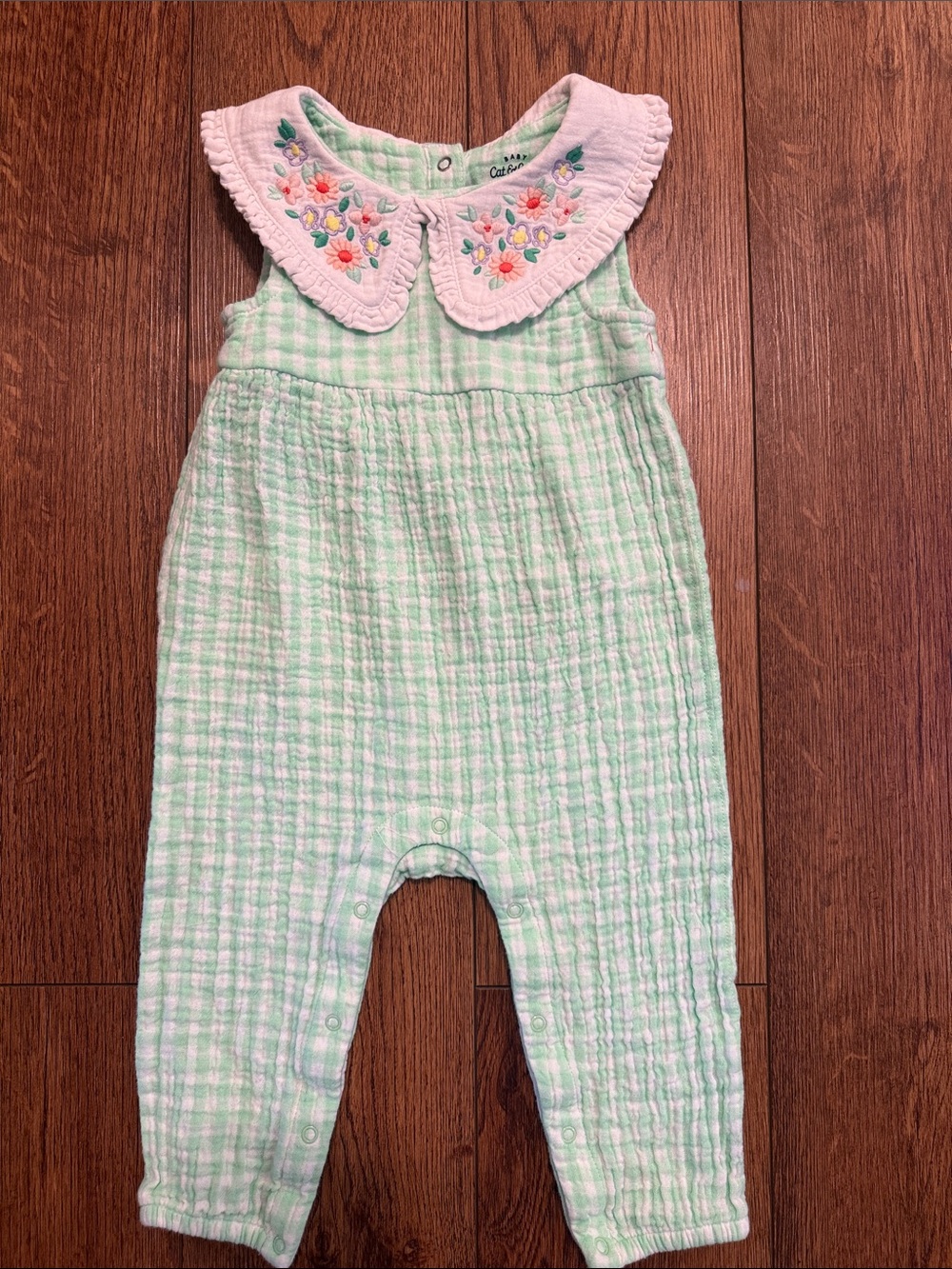 Cat & Jack Mint Green Gingham One-Piece with Pink Embroidered Collar